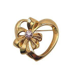 Avon Gold Tone Heart Brooch With Floral Pink Rhinestone Accent Vintage
